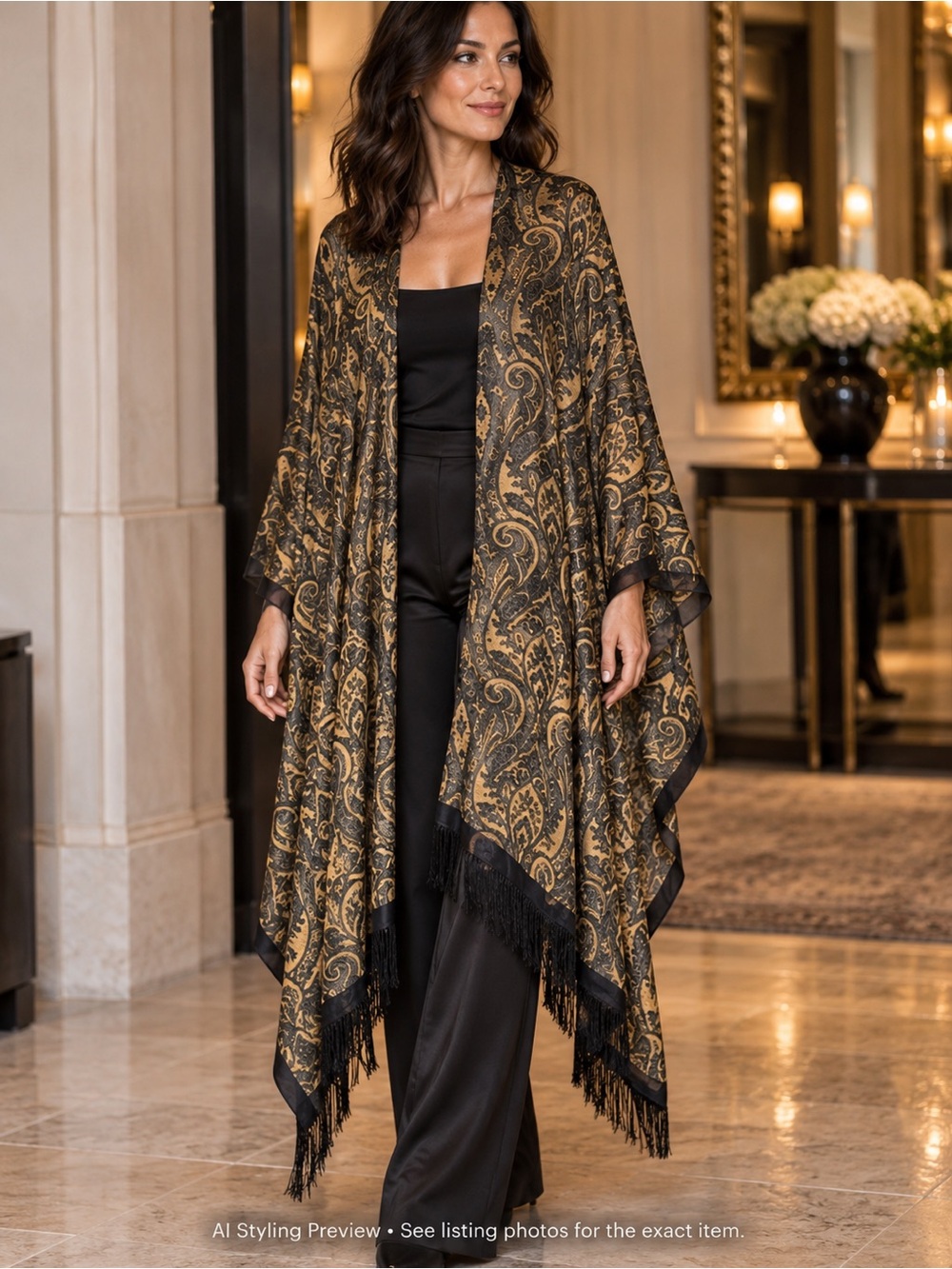 ASOS Dark Green Gold Paisley Fringe Shawl Cape Kimono Boho One Size